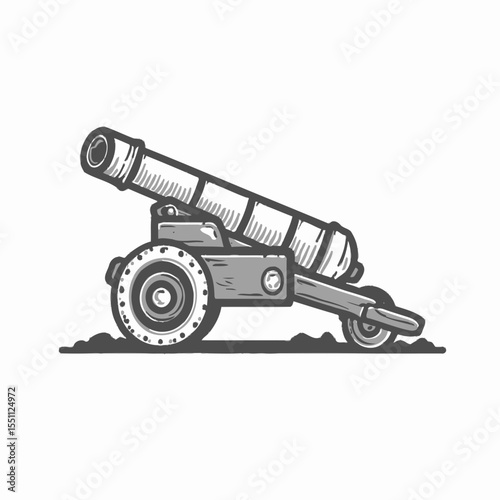 Stylized Cannon Illustration with Striped Barrel and Detailed Wheels on Ground