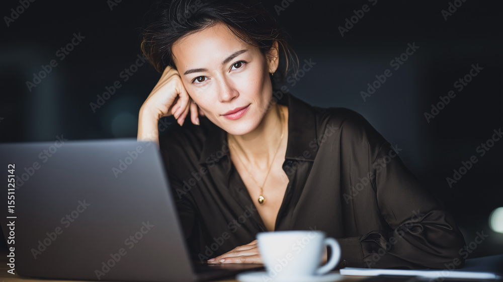 Focused and Confident: A portrait of a woman sitting gracefully at a desk with a laptop and coffee, radiating an air of sophistication and concentration, ideal for projects on work. Focused and Confident: A portrait of a woman sitting gracefully at a desk with a laptop and coffee, radiating an air of sophistication and concentration, ideal for projects on work.
