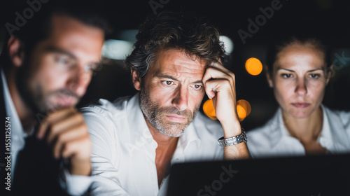 Late Night Dilemma: A team of focused colleagues pores over a screen, a palpable atmosphere of concentration and intensity fills the room.