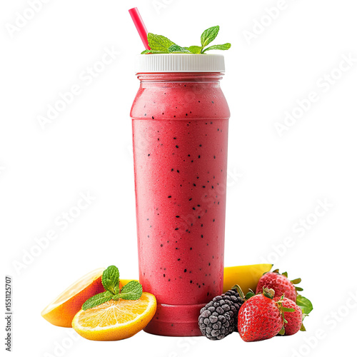 A red smoothie in a clear bottle with a white lid and a red straw surrounded by various fruits on transparent background
