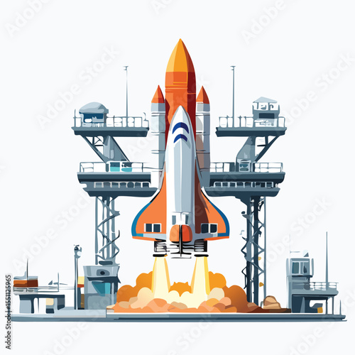 a cool sleek retro space rocket launching from a futuristic gantry.