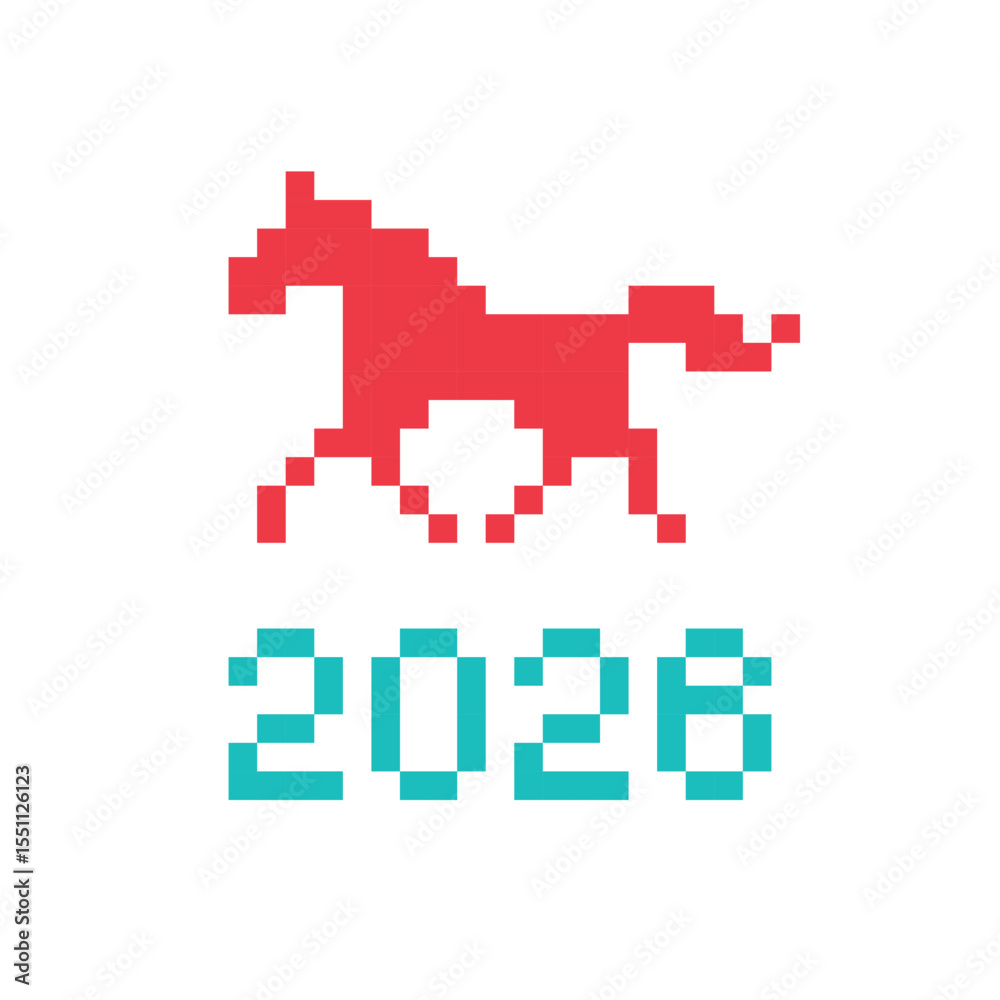 Pixel art 8-bit vector red horse icon with 2026 number underneath representing the symbol of the 2026 year according to the eastern zodiac calendar Pixel art 8-bit vector red horse icon with 2026 number underneath representing the symbol of the 2026 year according to the eastern zodiac calendar