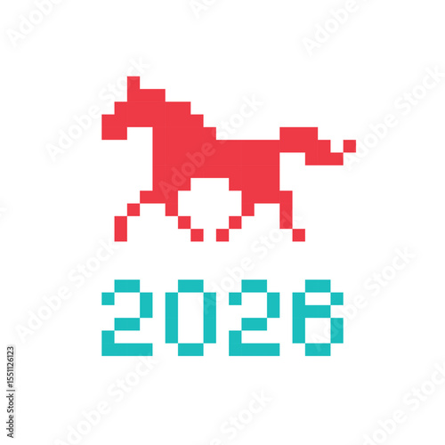 Pixel art 8-bit vector red horse icon with 2026 number underneath representing the symbol of the 2026 year according to the eastern zodiac calendar