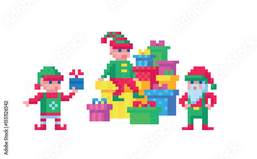 Pixel art 8-bit vector Christmas elves preparing gifts on white background festive holiday characters retro style winter pixel illustration