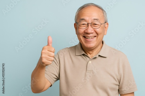 Elderly Asian man wearing glasses and casual beige polo shirt showing thumb up and smiling on light blue background