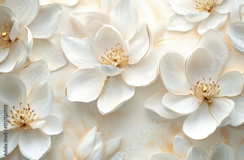 Ornate white flowers in relief on a light beige background