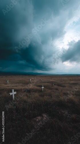 A field of crosses under a brooding ominous sky