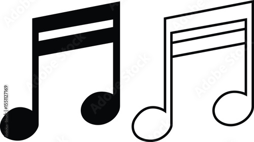 Music notes icons set in flat, outline designs. Musical key signs. Song, melody or tune vectors illustration for musical apps and websites. Ideal for music content, logos, albums and sound production.
