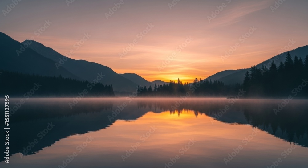 Fototapeta premium Serene Sunset over Mountain Lake and Forest Reflection