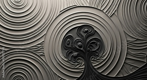 An Abstract Modern Stylized Tree Emerging from a Textured Circular Pattern in a Monochrome Palette