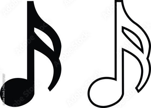 Music notes icons set in flat, outline designs. Musical key signs. Song, melody or tune vectors illustration for musical apps and websites. Ideal for music content, logos, albums and sound production.