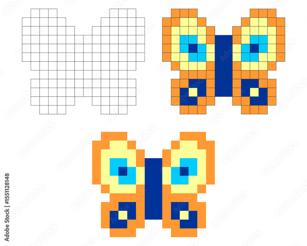 Fototapeta premium Pixel art butterfly in colorful and outline versions, cute 8-bit style.