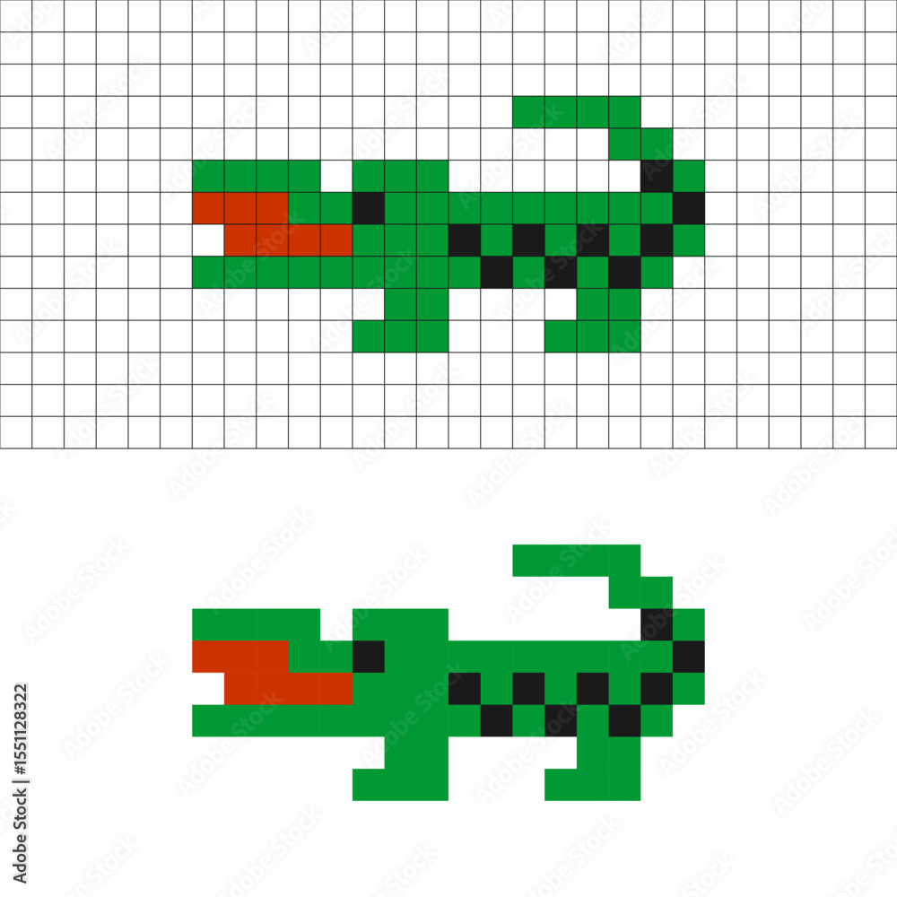 Fototapeta premium Pixel art crocodile in green with grid and clean version, retro 8-bit style.