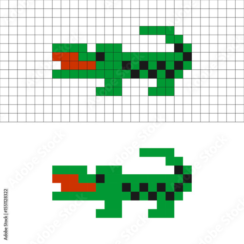 Pixel art crocodile in green with grid and clean version, retro 8-bit style.