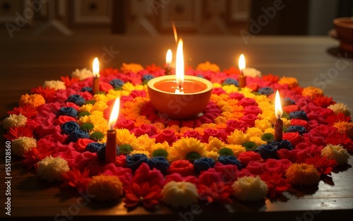 bright colorful mandala of fresh flowers with burning candles at night festival Diwali. High quality