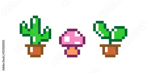 Cute pixel art of potted plants and a mushroom. Includes a cactus, a pink mushroom, and a leafy plant in small brown pots. Retro 8-bit style on a white background.