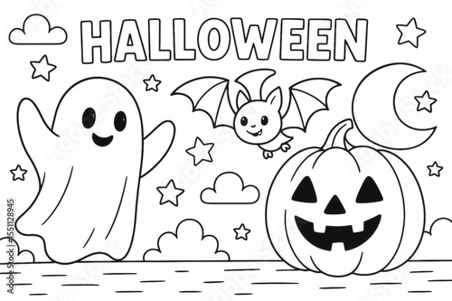 Cute Halloween coloring page featuring a friendly ghost, a flying bat, a jack o' lantern and the moon in a starry night