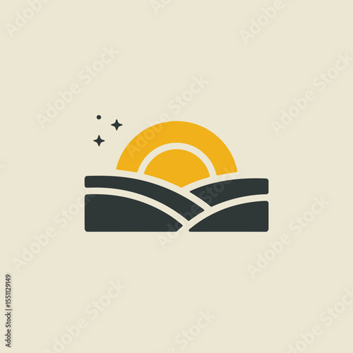 Minimalist Sunset Landscape Illustration Yellow Sun Dark Gray Hills Beige Background Simple Geometric Design Rural Scene Graphic Element