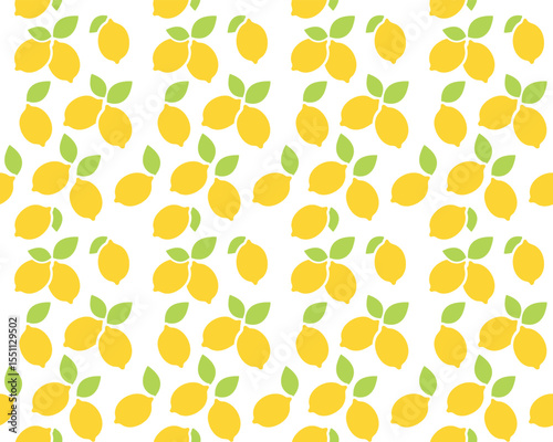 yellow lemon with green leaves seamless pattern on white background 
