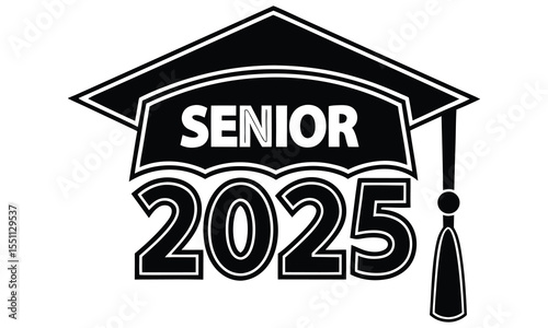 Black and white graphic illustration of a graduation cap with the word senior and the year 2025 prominently displayed in bold lettering with a tassel hanging down