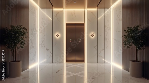 Modern Elevator doors of office or hotel hallway, Lobby interior, corridor in house with lift,four clover pattern,Black elegant lift for passenger or cargo elevators,st patrick 's day,copy space.