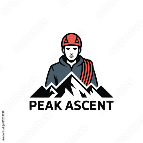 Mountain Climber Logo Design Red Helmet Gray Jacket Black Mountains Peak Ascent Text image