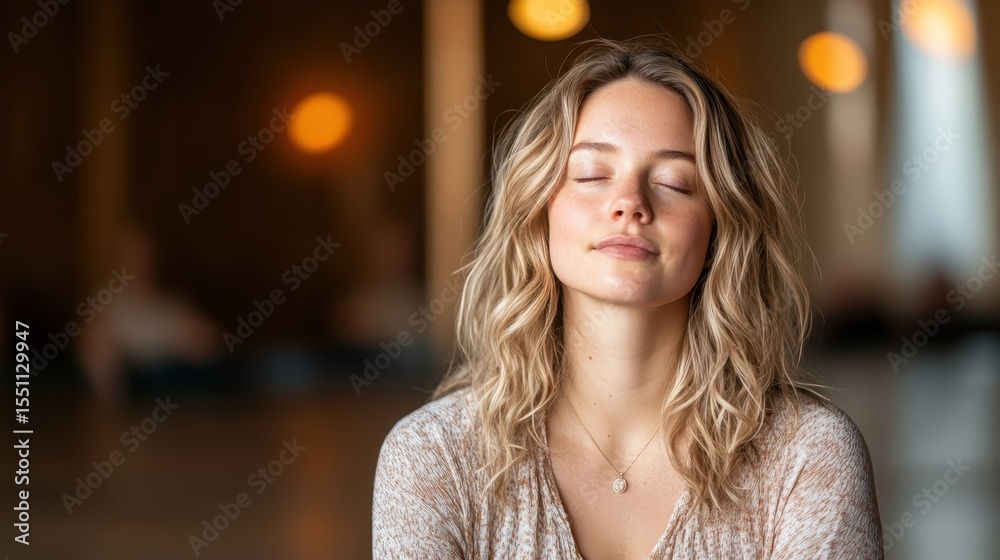 Obraz premium A serene woman with wavy hair sits with her eyes closed, capturing a moment of tranquility against a softly lit background that exudes calm and peace.