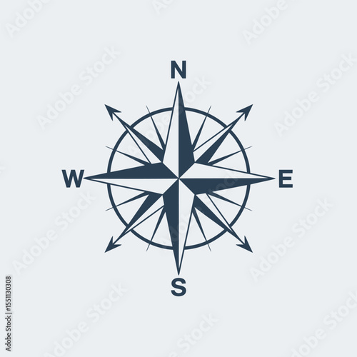 Nautical Compass Rose Graphic Design Element Dark Blue Star Shape on Light Gray Background Eight Pointed Star Cardinal Directions North South East West