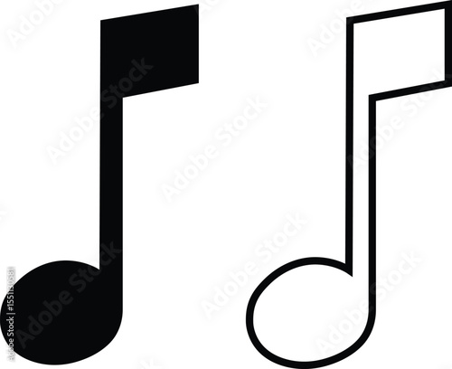 Music notes icons set in flat, outline designs. Musical key signs. Song, melody or tune vectors illustration for musical apps and websites. Ideal for music content, logos, albums and sound production.