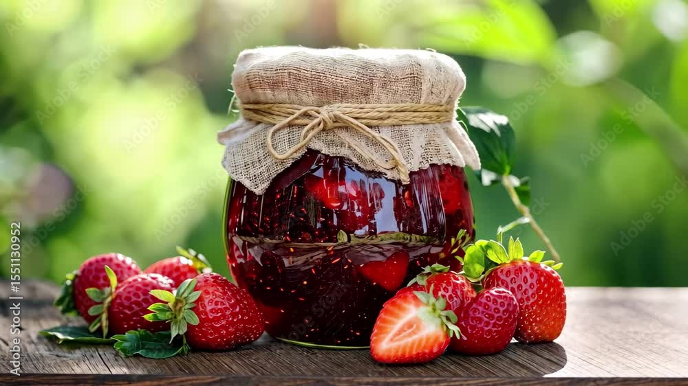 Homemade strawberry jam jar with fabric cover surrounded by fresh strawberries in a sunny garden, Jar of homemade strawberry jam with fabric cover on wooden table outdoors