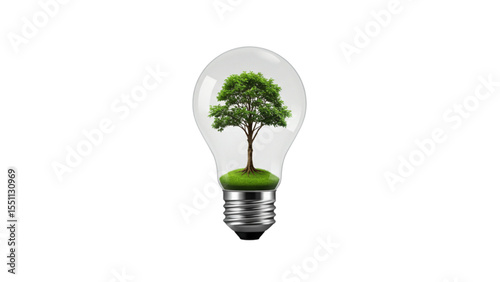 Lightbulb containing a green tree and grass symbolizing eco-friendly ideas  