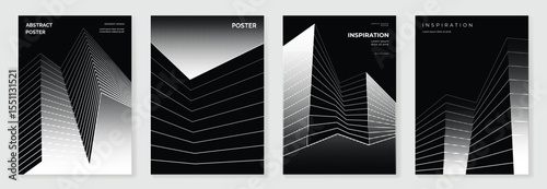 Abstract monochrome poster background vector set. Modern cover template with black and white perspective geometric prism shape, halftone dot, line. Ideal design for social media, banner, ads.