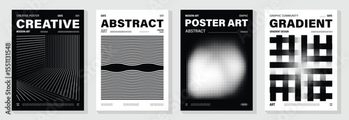 Abstract monochrome poster background vector set. Modern cover template with black and white perspective geometric prism shape, halftone dot, line. Ideal design for social media, banner, ads.
