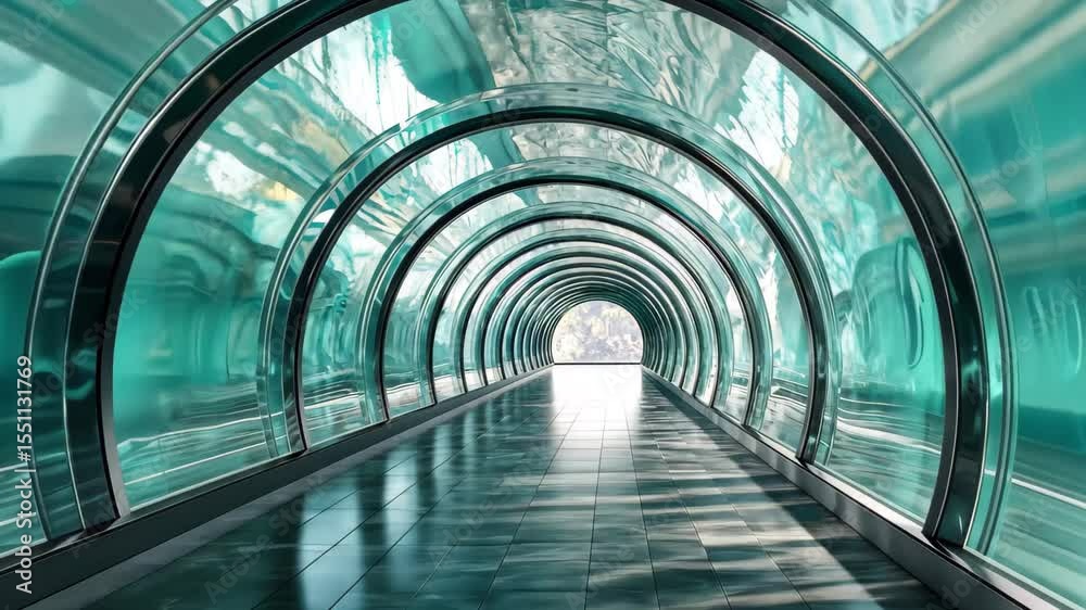 Explore the futuristic glass tunnel reflecting vibrant synth-inspired aesthetics, Glass tunnel with reflections in style of 80s synthwave 3D render