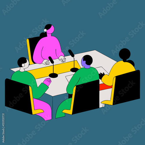 Diverse group of people in a meeting with microphones and colorful attire