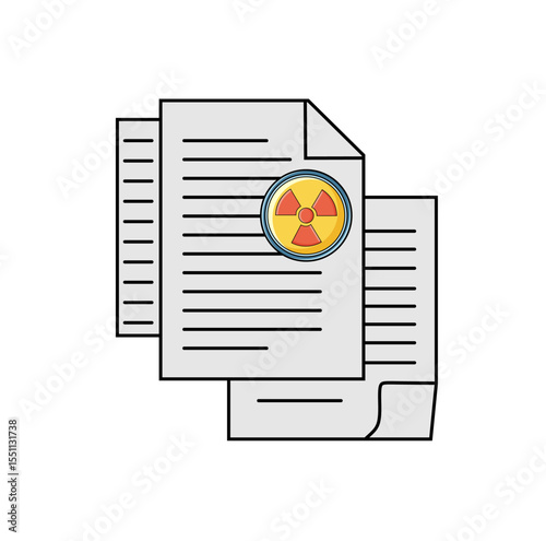 A cartoon vector image featuring multiple documents with text lines, overlaid with a prominent nuclear radiation symbol, suggesting sensitive or hazardous information.