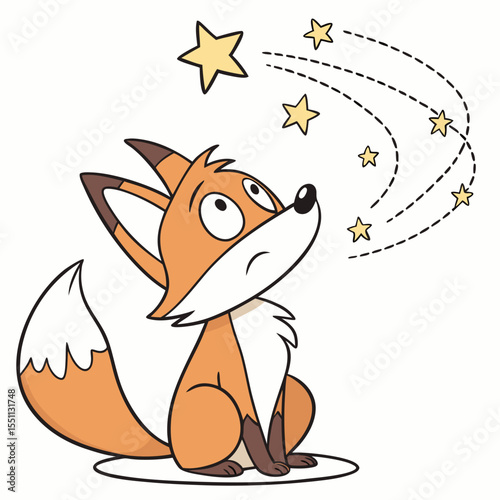 Animated fox gazes at falling stars with whimsical curiosity and wonder