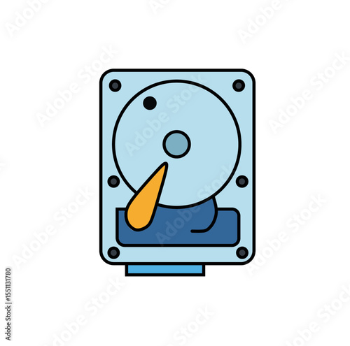 A cartoon vector icon depicting an internal computer hard drive, showcasing the platter and read/write head, symbolizing data storage.