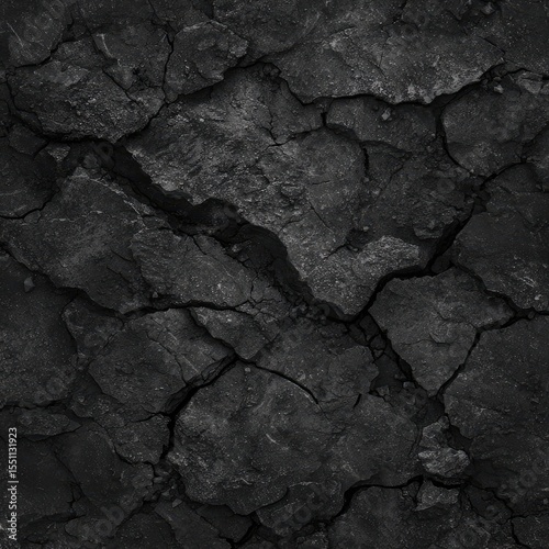 Dark, cracked, textured surface resembling dry earth or charcoal; monochrome grayscale palette with deep shadows and irregular fissures