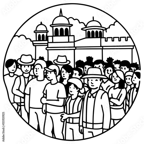 Tourist group visiting heritage site in line illustration