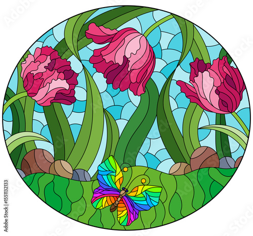 Illustration in the style of a stained glass window with flowers of tulips and butterflies against the sky