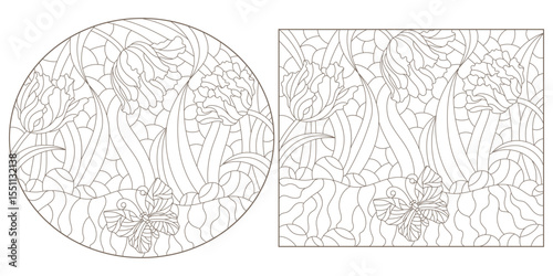  Set of contour illustrations in the style of stained glass with butterflies and tulips, dark outlines on a white background
