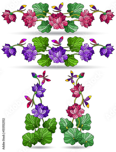Set of stained glass illustrations with flowers, lotus flower leaves and dragonflies, isolated on a white background