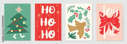 Merry christmas and Holidays wall art vector set. Wallpaper hand drawn with holly, tree, bird, ribbon. Art design for card, poster, cover, banner, interior.