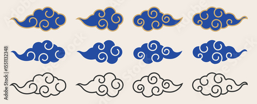 Korea Chinese Japan cloud traditional icon vector design set isolated with line art style in blue and gold colors