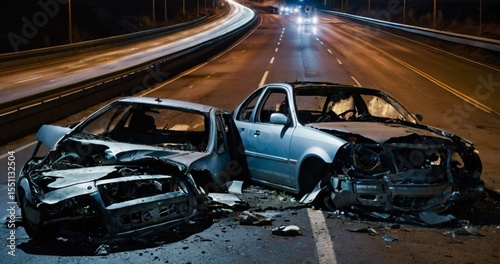 A lone, burned car smolders under flickering streetlights. remains of a forgotten escape through war-torn roads.