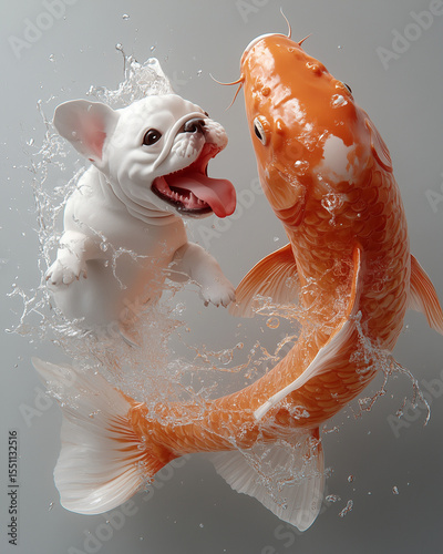 A jovial white puppy leaps amid splashing water alongside an orange koi fish, captured in a playful and dynamic underwater scene.
