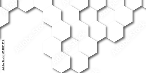 Minimal white hexagonal hexagon modern technology creative emboss light honeycomb polygonal web. abstract geometric science and mosaic tile with template texture background.	