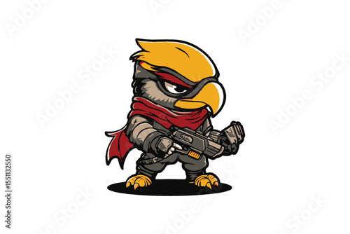 Cartoon hawk character holding a gun with a red scarf on white background
