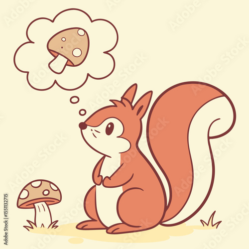 Squirrel's whimsical fantasy of foraged fungi in charming cartoon illustration